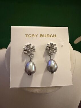 Tory Burch Silver Pave Crystal Cross with Gray Pearl Drop Earrings